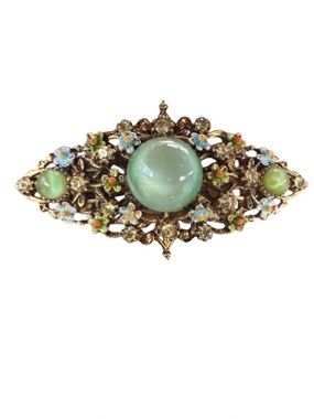 Vintage Green Cabochon Floral Brooch Gold Tone Enamel Rhinestone Statement Pin